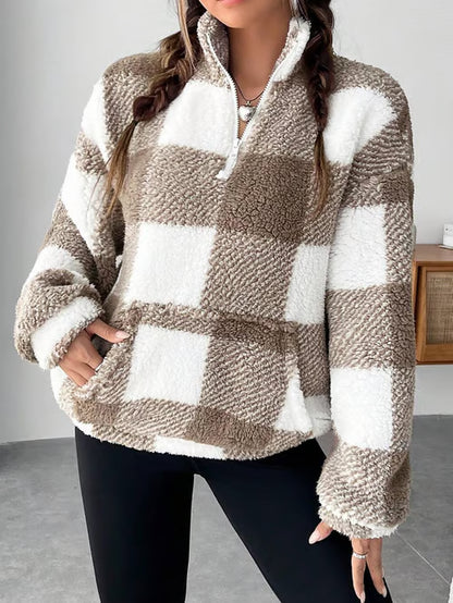 Women's Plaid Print Half Zip Drop Shoulder Fleece Sweatshirt