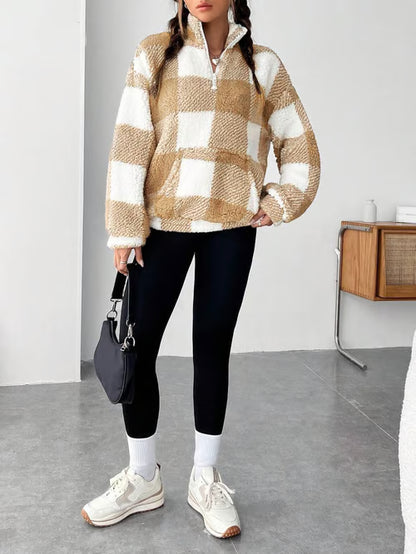 Women's Plaid Print Half Zip Drop Shoulder Fleece Sweatshirt