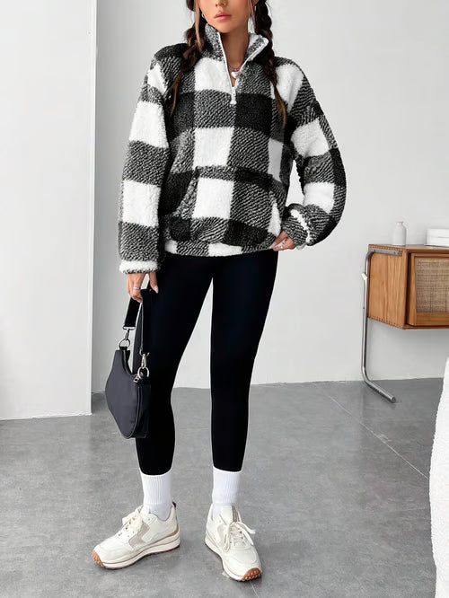 Women's Plaid Print Half Zip Drop Shoulder Fleece Sweatshirt