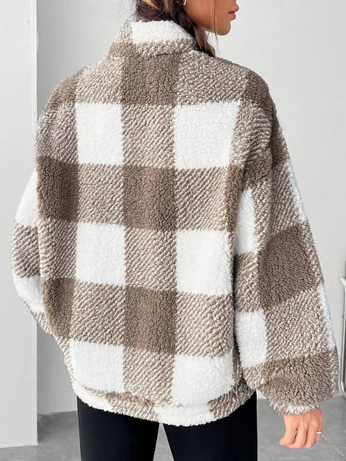 Women's Plaid Print Half Zip Drop Shoulder Fleece Sweatshirt