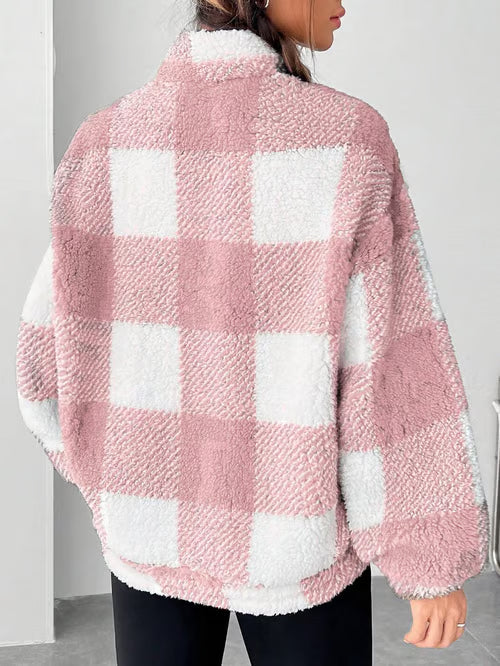 Women's Plaid Print Half Zip Drop Shoulder Fleece Sweatshirt