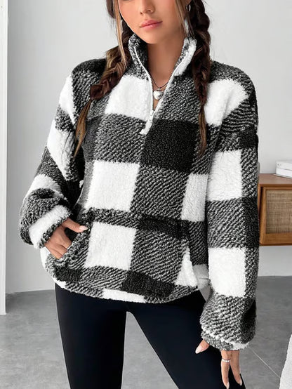 Women's Plaid Print Half Zip Drop Shoulder Fleece Sweatshirt