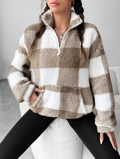 Women's Plaid Print Half Zip Drop Shoulder Fleece Sweatshirt