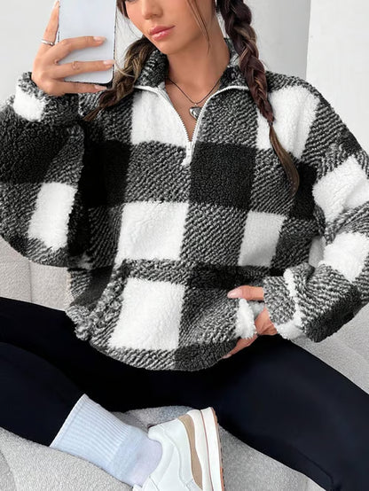 Women's Plaid Print Half Zip Drop Shoulder Fleece Sweatshirt