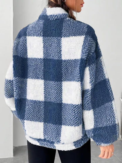 Women's Plaid Print Half Zip Drop Shoulder Fleece Sweatshirt