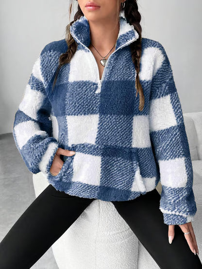 Women's Plaid Print Half Zip Drop Shoulder Fleece Sweatshirt