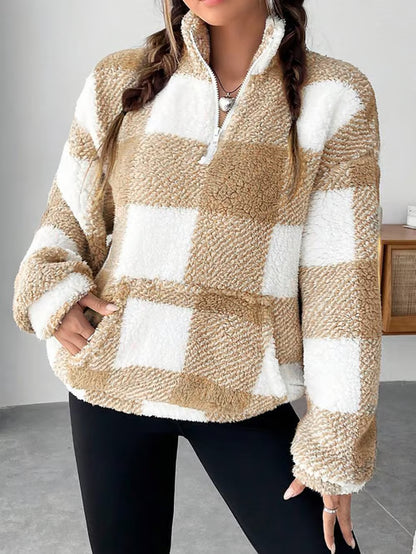 Women's Plaid Print Half Zip Drop Shoulder Fleece Sweatshirt